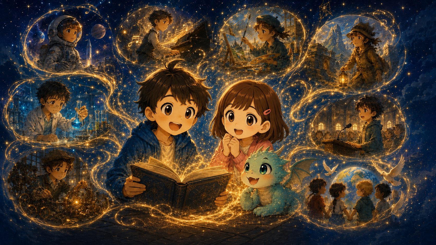 本を読む子どもたちのまわりに、宇宙飛行士・音楽・絵画・冒険・科学・ものづくり・スピーチ・世界の人々など、さまざまな未来の夢が星空のように広がるイメージ