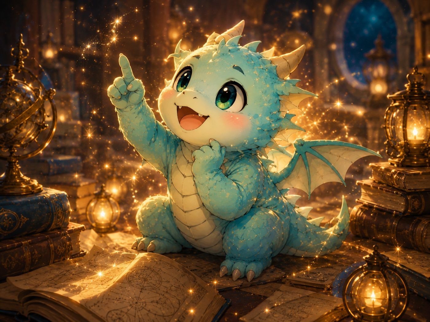 案内役の子ドラゴン「バルジャン」が、星の本のそばで上を指さして問いかけるイメージ